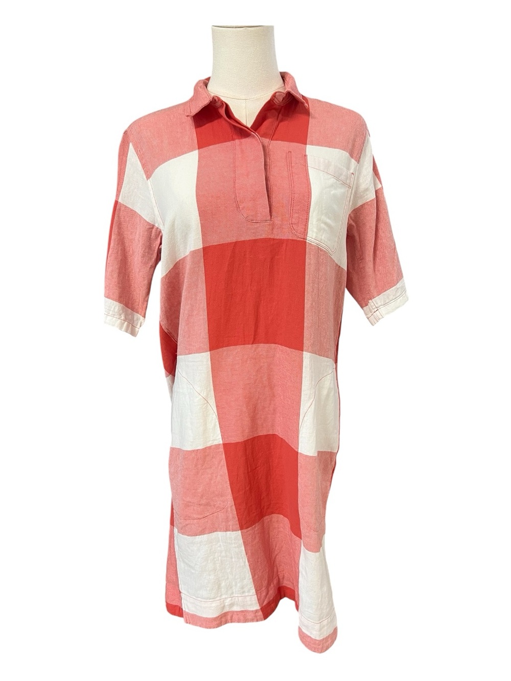 EUC Gap Red & White Checkered Shirt Dress Polo Collar Pockets | Size S